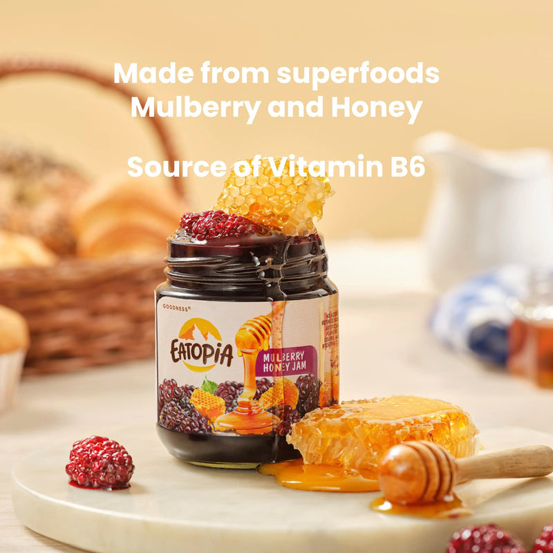 Eatopia Mulberry Sugar Free Honey Jam in Fresh with 70g of Real Fruit Pieces & 30% Wild Honey | 100% Pure & Natural with No Artificial Chemicals/Preservatives | Healthy Good for Gut Health (240g)