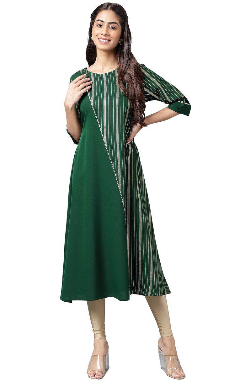 Janasya Women's Dark Green Crepe Foil Printed A-Line Kurta(JNE4234-KR-XXL)