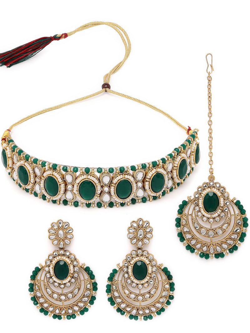 Sukkhi Indian Traditional Gold Plated Green Stone & Beads Choker Necklace Set With Earring And Maangtika | Jewellery Set For Women (NS105710)