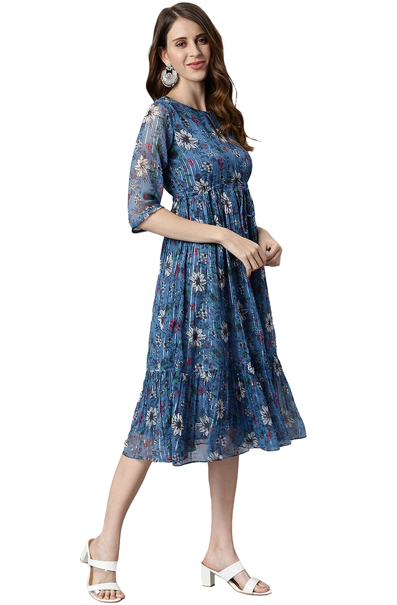 Janasya Women's Blue Poly Georgette Floral Flared Western Dress(J0341-DR-M)