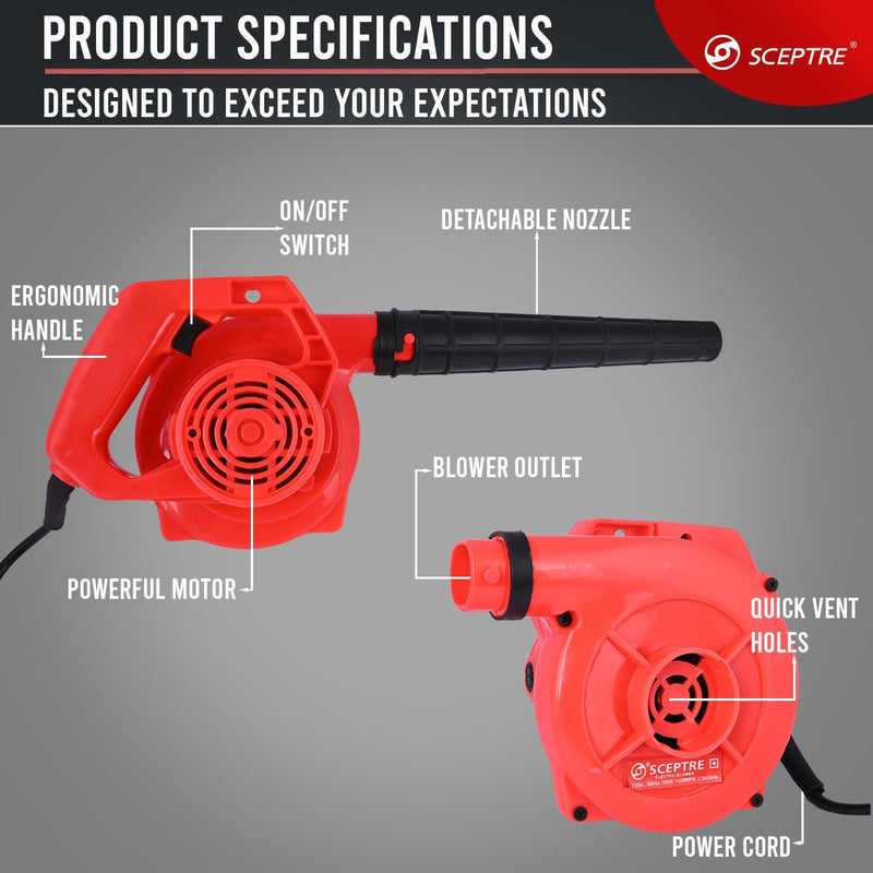 Sceptre SPBK-30R 550W Electric Air Blower for Dust Cleaner and Suction 14000 RPM Airfoil Dust Extraction Blower Air Flow 170 km/hr with Unbreakable Body & Glossy Finish (Corded, Red)