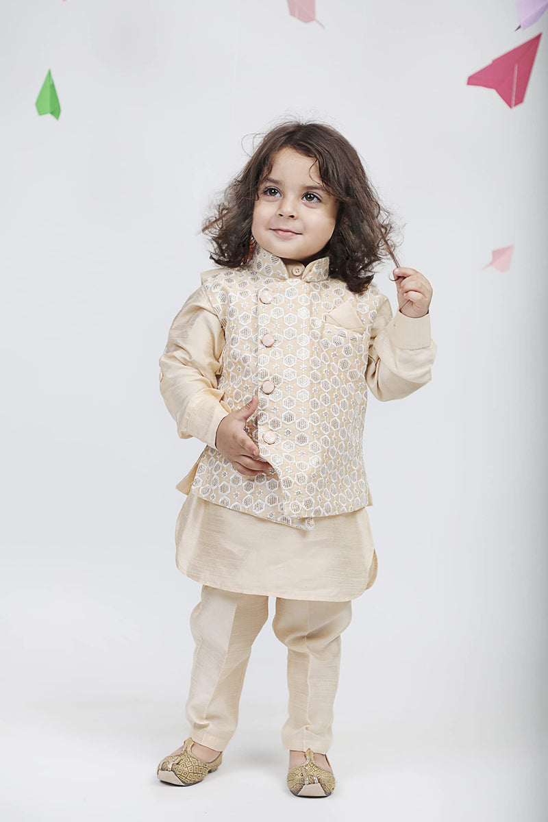 AJ DEZINES Kids Cotton Silk Embroidered Zari 3Pc Kurta Pyjama Set For Boys (518-BEIGE-6)