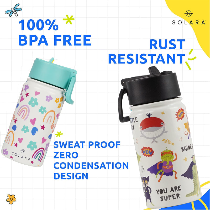 SOLARA Water Bottle for Kids 450ml, Kids Water Bottle, Sipper Bottle for Kids, Thermosteel Kids Bottle, Stainless Steel Water Bottle for Kids, Straw Bottle for Kids, Animal Heroes