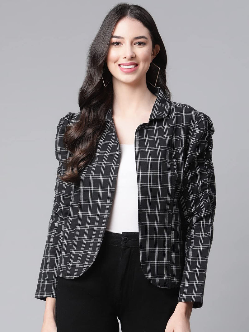 Cottinfab Women Black White Pure Cotton Checked Tailored Jacket