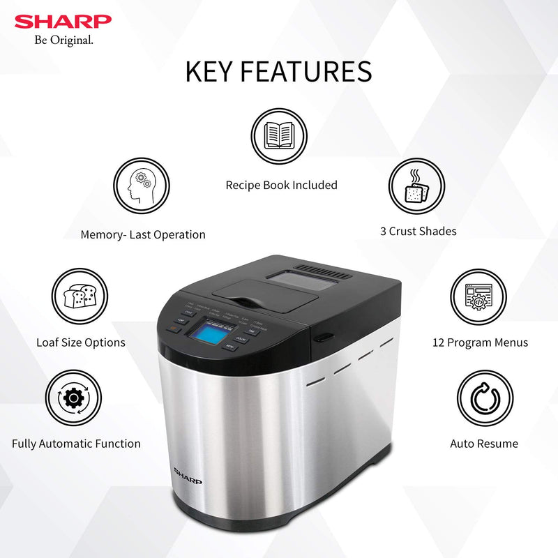 Sharp Table-Top Bread Maker for Home, Kitchen | Fully Automatic Functions | 12 Pre-Programmed Menus Including Gluten-Free | 3 Crust Colours | Fruit & Nut Dispenser | LCD Display | Grey, Black