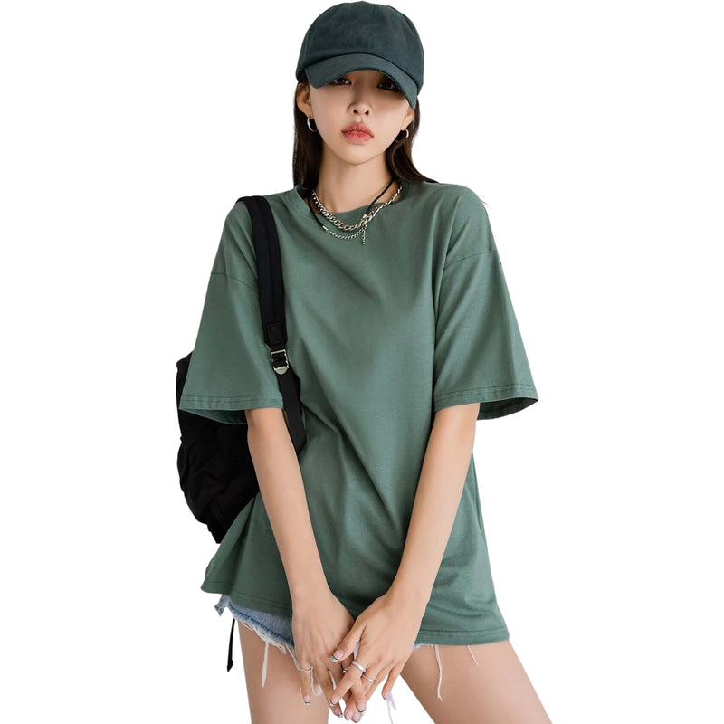 London Hills Casual Round Neck Solid, Oversized Drop Shoulder Women's T-Shirt Green