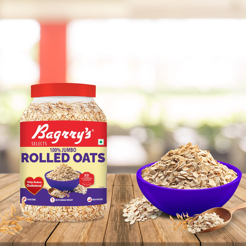 Bagrry’s 100% Jumbo Rolled Oats 1.2kg Jar | Whole Grain Rolled Oats with High Fibre, Protein | Non GMO | Healthy Food with No Added Sugar | Diet food for Weight Management | Premium Rolled Oats | Nutritious & Healthy Breakfast Cereal | Instant Oats