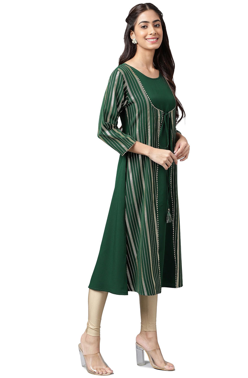 Janasya Women's Green Crepe Foil Printed A-Line Kurta(JNE4211-KR-XL)