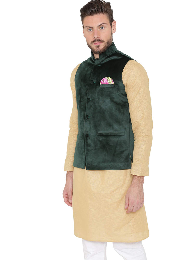 WINTAGE Men's Velvet Dust Free Casual and Festive Nehru Jacket Vest Waistcoat : Dark Green