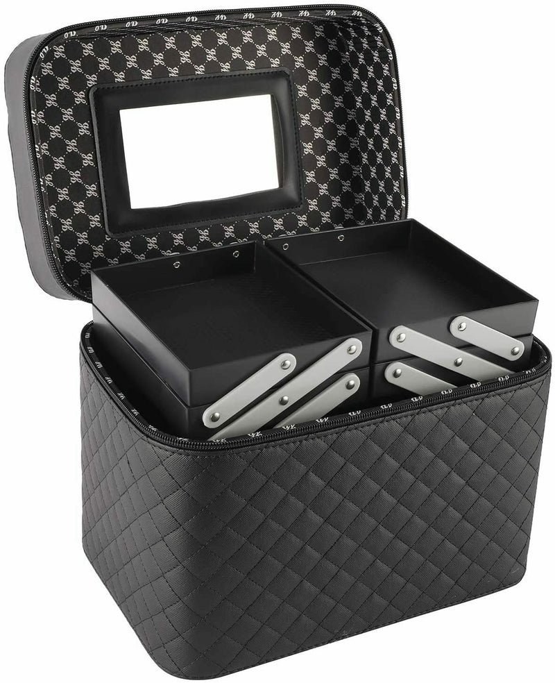 INOVERA (LABEL) Faux Leather Solid 18 Cms Professional Cosmetic Makeup Kit Storage Organizer Toiletry Vanity Bag With Foldable Tray & Mirror, Black