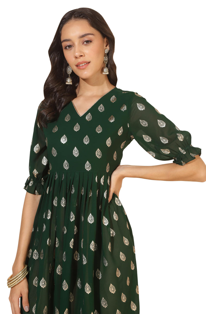 Janasya Women's Bottle Green Georgette Foil Printed Gathered Kurta(JNE4309-KR-XXL)