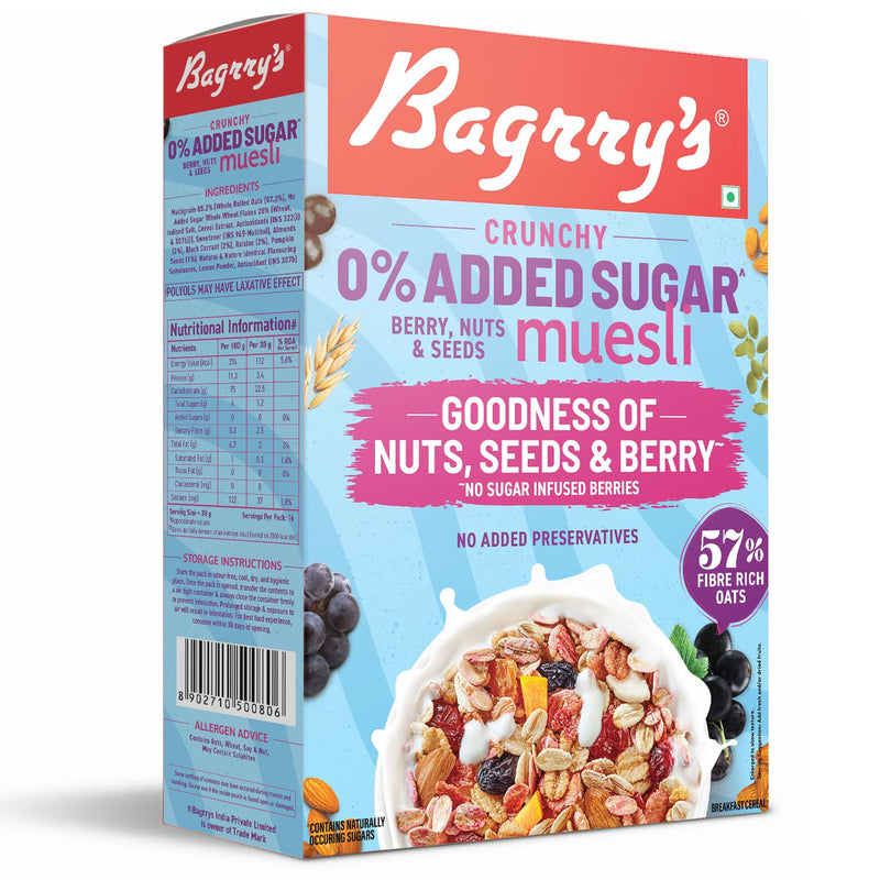 Bagrrys 0% Added Sugar Muesli – Berry, Nuts & Seeds 500g | Whole Grain Breakfast Cereal | Helps Manage Weight |0% Added Sugar| No Sugar infused berries| No Added Preservatives