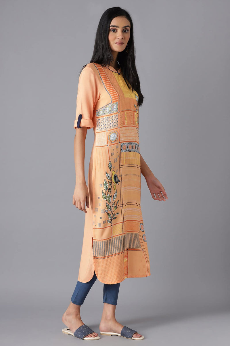 Aurelia Women's Viscose Geometric Regular Kurta (22FEA12941-503651_Apricot Wash_XS)