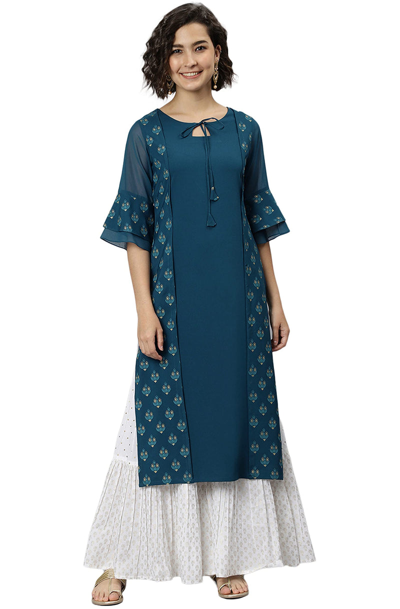 Janasya Women's Teal Poly Crepe Ethnic Motifs Kurta(Teal_Medium)