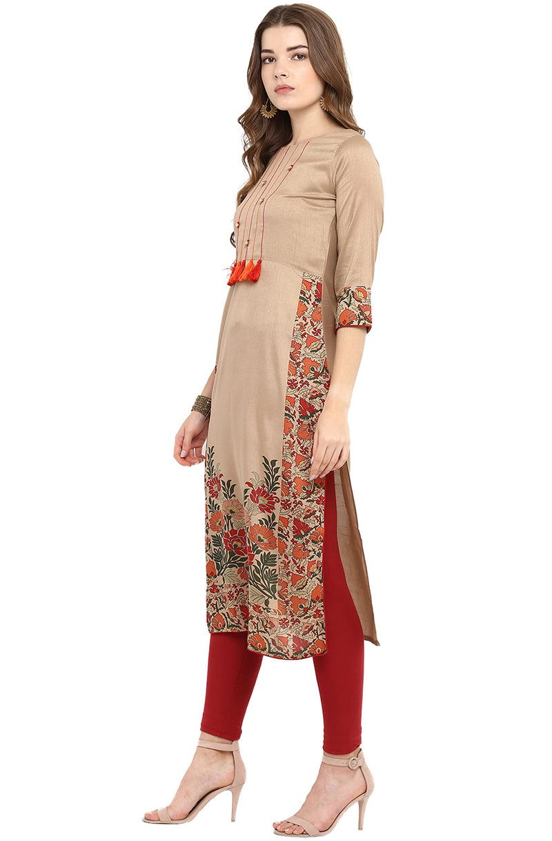 Janasya Women's Light Brown Poly Silk Floral Printed Straight Kurta(JNE2305-KR-Light Brown-J-L)