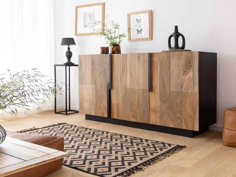 The Attic Georgia Sideboard|Multipurpose Cabinet for Kitchen and Living Room Storage|Crockery Storage|Solid Mango Wood|Black + Natural Matte Finish