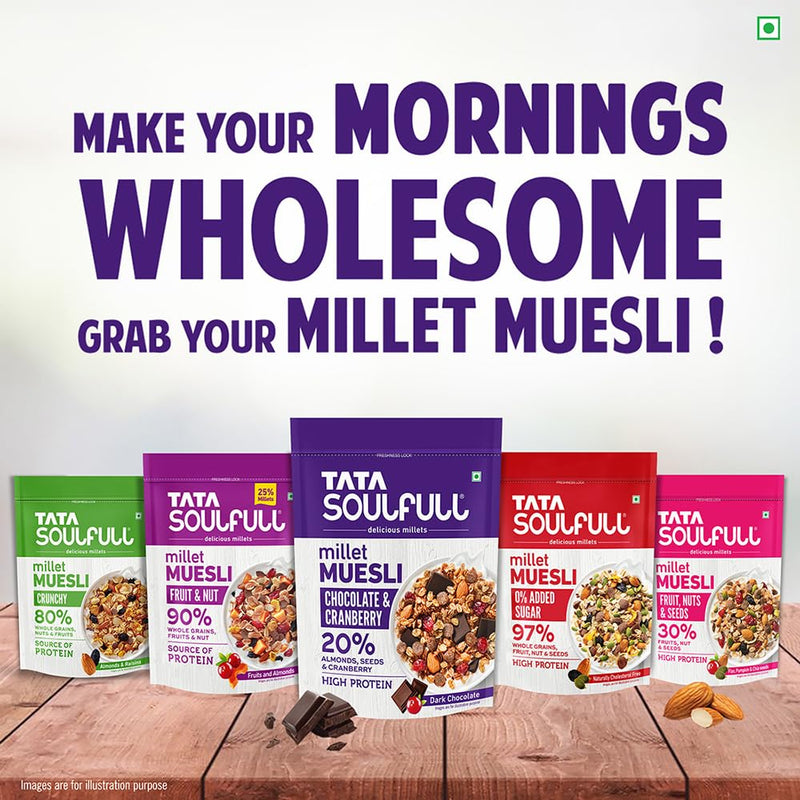 Tata Soulfull Millet Muesli | Chocolate & Cranberry | 20% Almonds, Seeds & Cranberry | Dark Chocolate | High in Protein | 500g