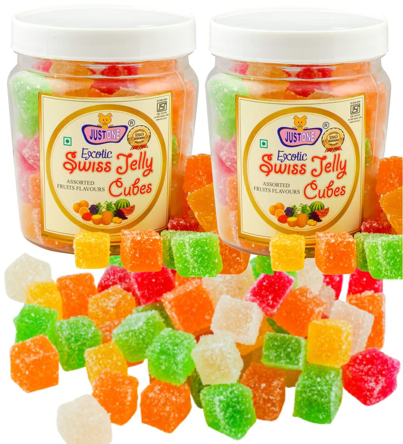 JUSTONE Swiss Jelly Mixed Fruit Soft Jelly Candy CUBES 500 Gms - SOFT JELLY Bites JUJUBE COMBO PACK of 2 ( 250 gms x 2) - Assorted Fruits Jelly candy - Jelly Beans - Jelly Candy pop || Jellies for kids and adults || Sugar coated Jelly Candy || Swiss Choco