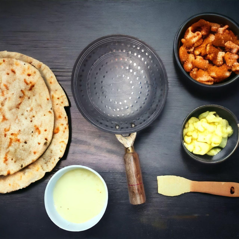 PTR Pure Iron Tawa with Double Nails and Wooden Handle for Healthy and Hassle-Free Cooking of Roti, Chapati, Paratha, and Fulka - Made in India