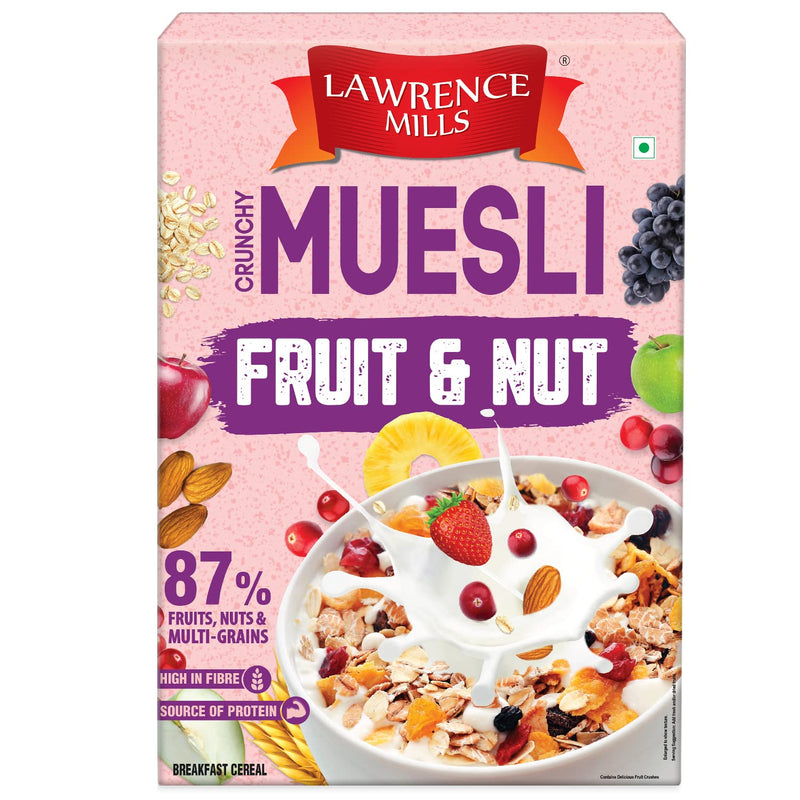 Lawrence Mills Crunchy Muesli 500gm Box, 85% Fruit Nuts & MultiGrains|Source of Protein & Fibre|Goodness of 6 Fruit & Nuts|WholeGrains Muesli|No TransFat|No Artificial Colors|Cholesterol Free Muesli