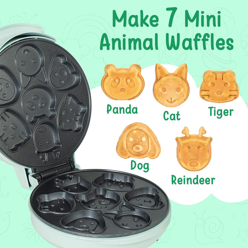 Primalite Animal Waffle Maker- Make 7 Fun & Cool Panda, Cat, Dog, Tiger & Reindeer Shaped Waffles or Pancakes for Kids or Unique Gift Idea | Non-Stick | Electric Iron with Indicator Light- Mint Green