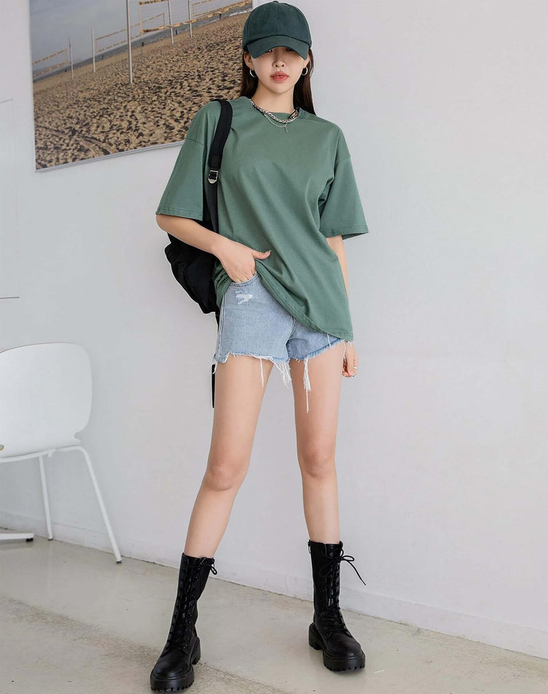 London Hills Casual Round Neck Solid, Oversized Drop Shoulder Women's T-Shirt Green