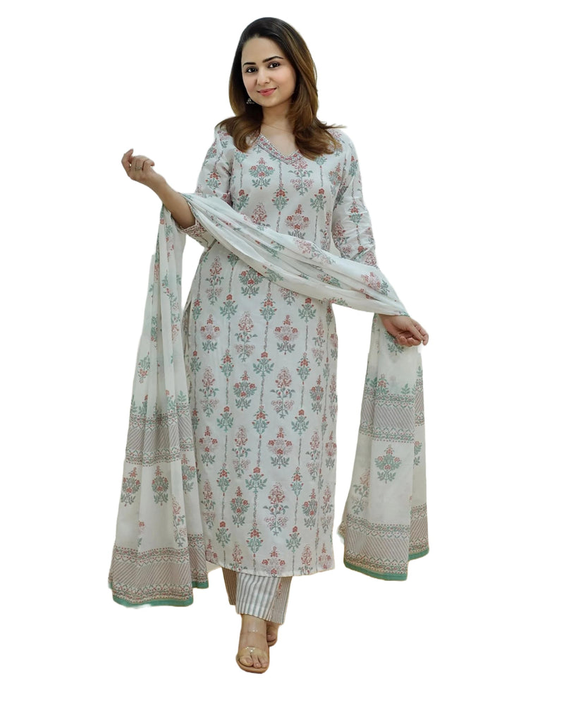 KLOSIA Women Printed Kurta and Pant Set with Dupatta (Medium) White