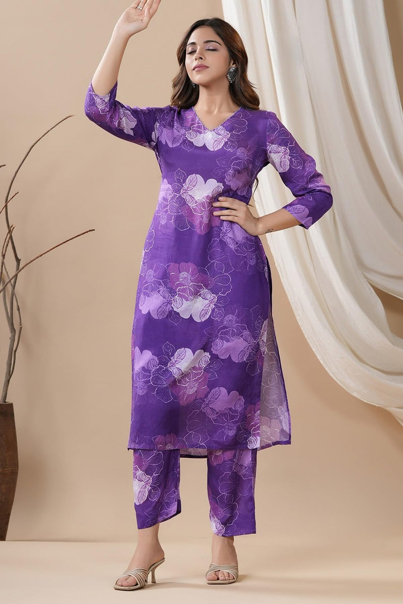 ANNI DESIGNER Women's Calf Length Printed Straight Co-Ord Set (710 Violet_Purple_X-Large)