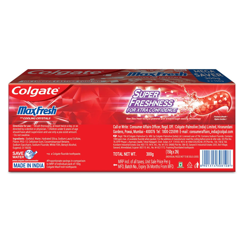 Colgate MaxFresh Toothpaste, Red Gel Paste with Menthol for Super Fresh Breath, 300g, 150g X 2 (Spicy Fresh)