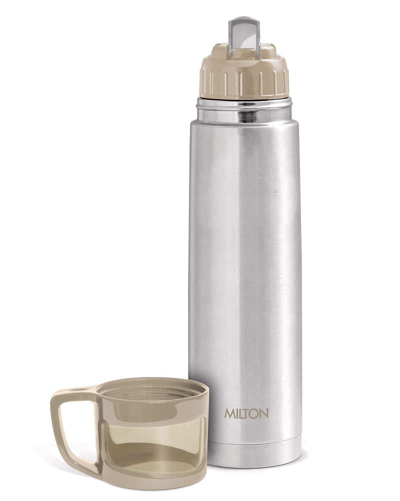 Milton Glassy 1000 Thermosteel 24 Hours Hot and Cold Water Bottle with Drinking Cup Lid, 1 Litre, Grey | Leak Proof | Office Bottle | Gym Bottle | Home | Kitchen | Hiking | Trekking | Travel Bottle