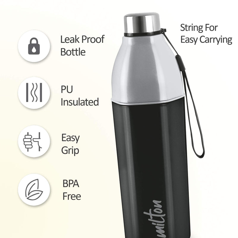 Milton Kool Hexone 1200 Insulated Water Bottle, 1.12 litres, Black | Leak Proof | Easy Grip | BPA Free | Easy to Carry | Odourless