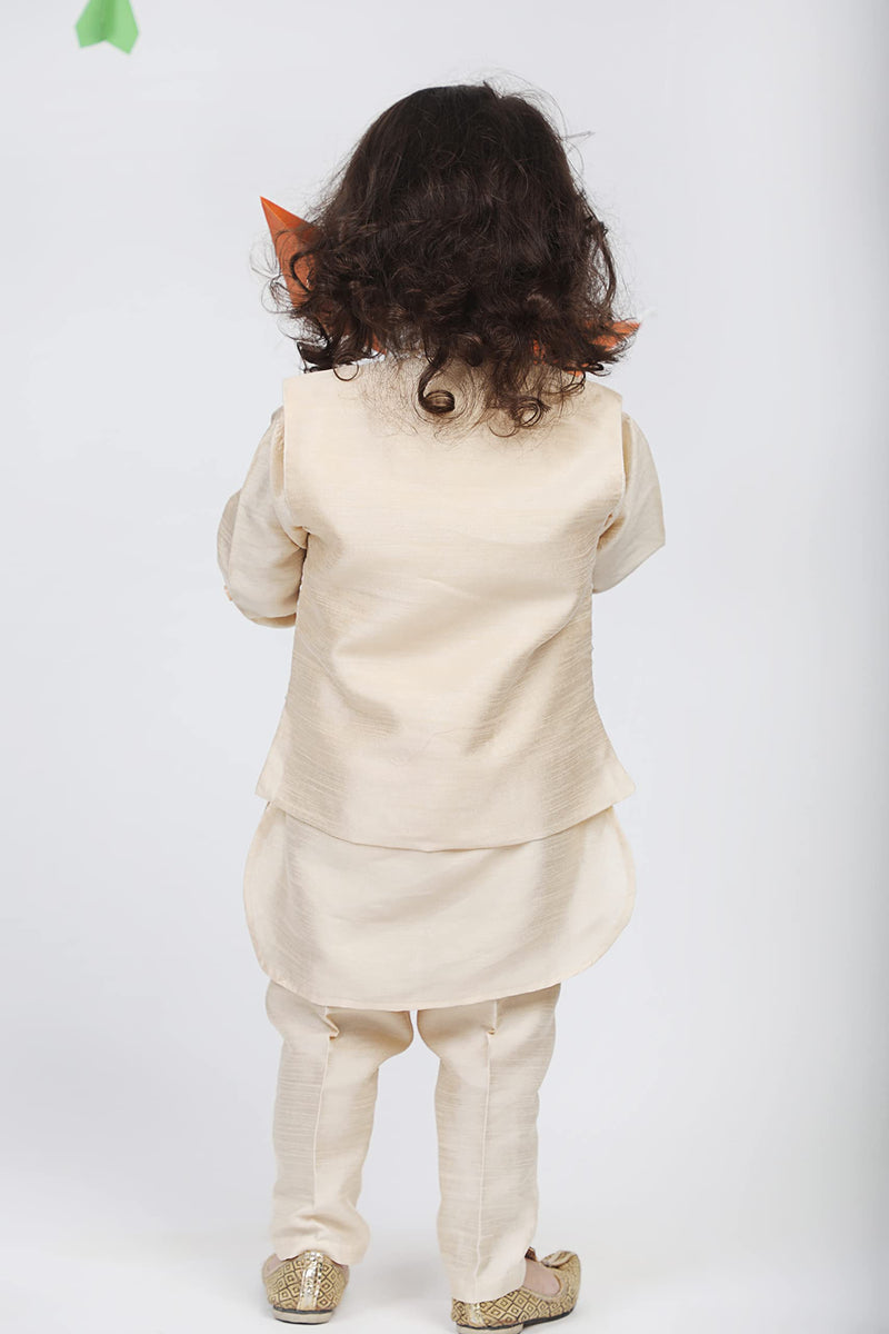 AJ DEZINES Kids Cotton Silk Embroidered Zari 3Pc Kurta Pyjama Set For Boys (518-BEIGE-6)