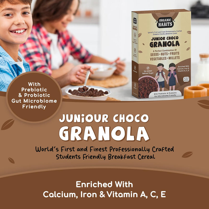 ORGANIC HABITS Junior Choco Granola, Breakfast Cereal with Millets, Nuts, Seeds & Wholegrain, Student-friendly High Protein Muesli with Pre & Probiotics, Calcium, Iron & Vitamins, Zero Sugar, 400g