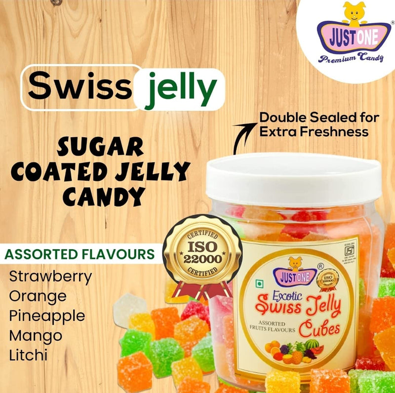 JUSTONE Swiss Jelly Mixed Fruit Soft Jelly Candy CUBES 500 Gms - SOFT JELLY Bites JUJUBE COMBO PACK of 2 ( 250 gms x 2) - Assorted Fruits Jelly candy - Jelly Beans - Jelly Candy pop || Jellies for kids and adults || Sugar coated Jelly Candy || Swiss Choco