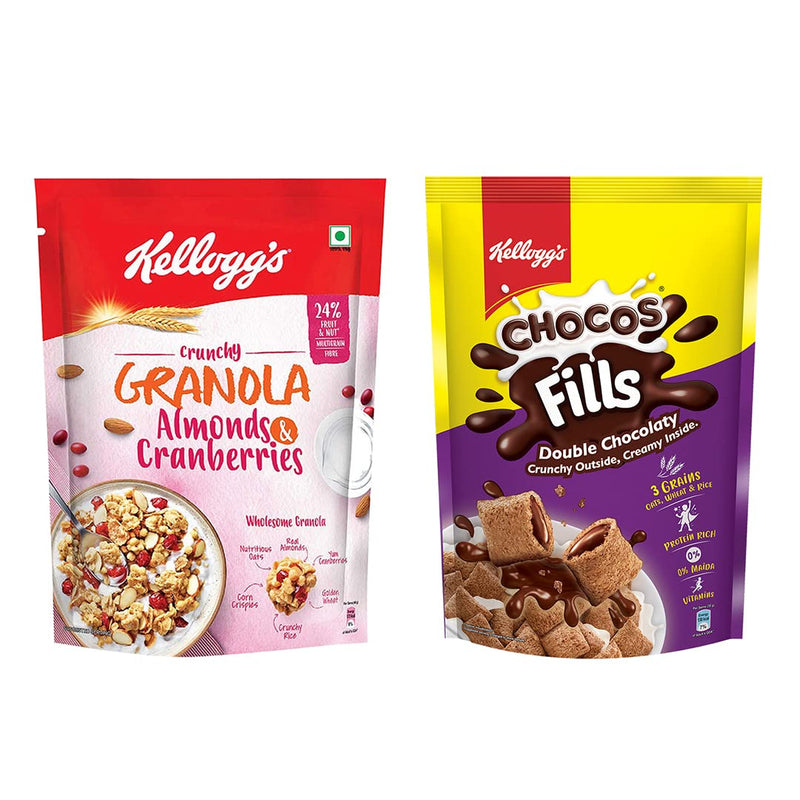 Kellogg's Chocos Fills Double Chocolaty 170g and Granola Almonds & Cranberries 140g Combo Pack | Naturally Cholesterol Free | Multigrain Breakfast Cereal