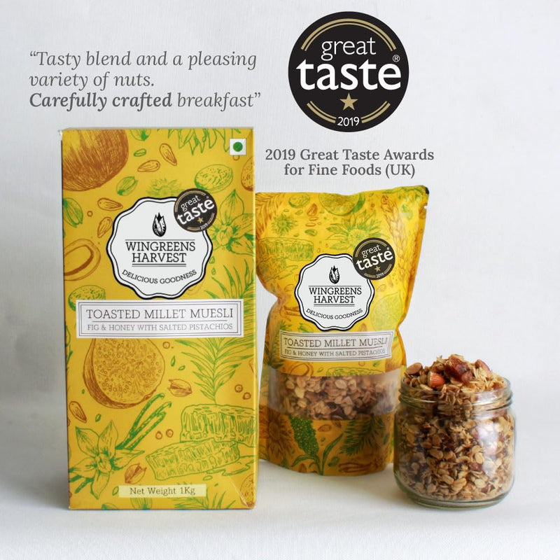 MONSOON HARVEST Wingreens Toasted Millet Muesli, Fig & Honey with Salted Pistachios 1 kg, Natural, breakfast Cereal, Healthy Gluten-Free with whole grains, nuts & dry fruits, high fiber.