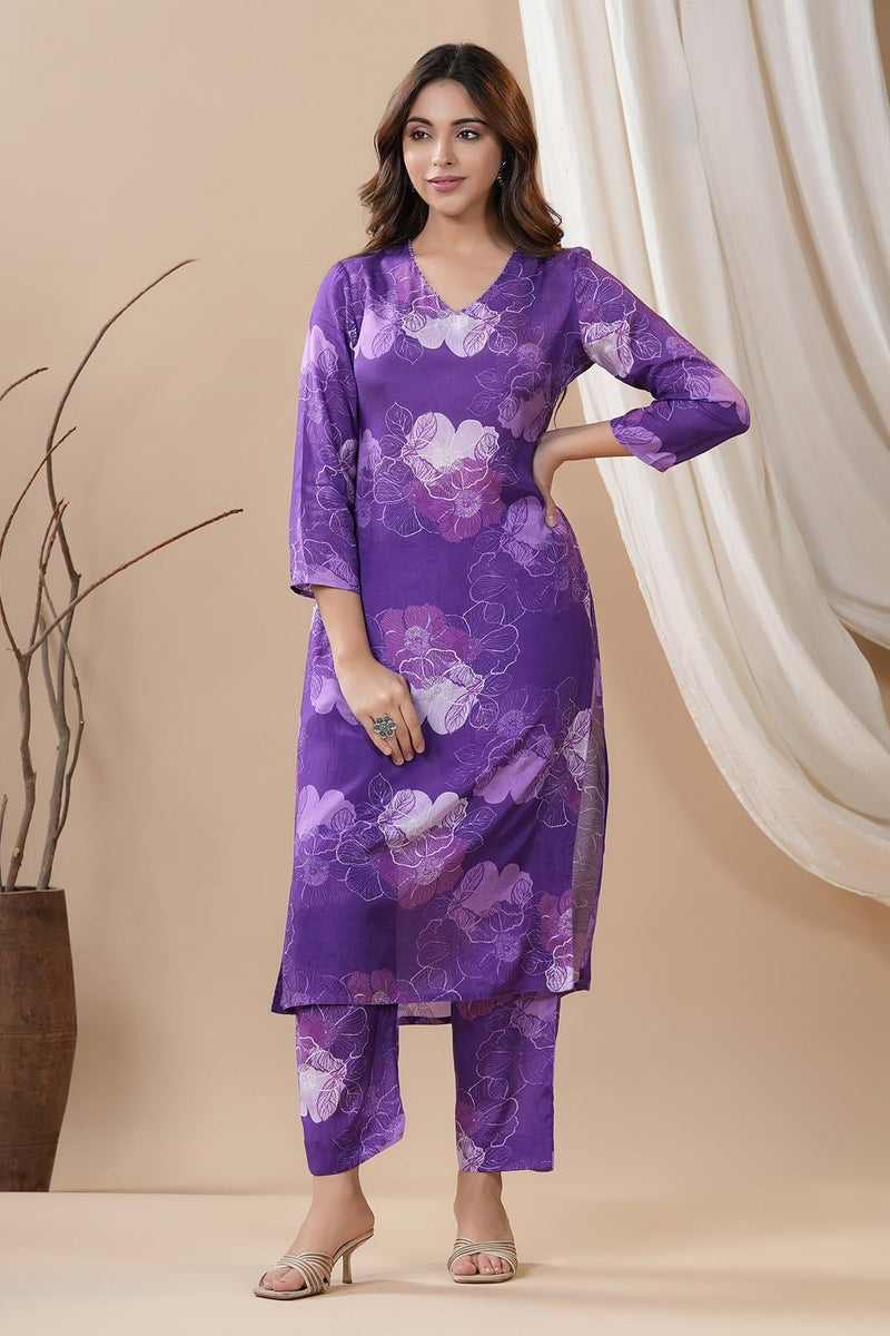 ANNI DESIGNER Women's Calf Length Printed Straight Co-Ord Set (710 Violet_Purple_X-Large)