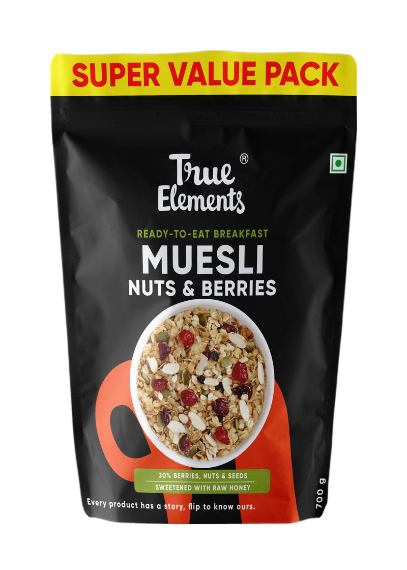 True Elements Muesli Nuts & Berries 700g - With 14% Millets, Almonds & Cranberries | Muesli Nuts Delight | Breakfast Cereal | 100% Wholegrain