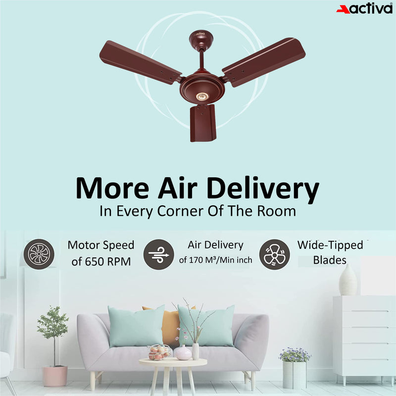 ACTIVA Apsra Brown 900 MM Sweep 650 RPM High Speed (36 INCH) BEE Approved Ceiling Fan with 2 Years Warranty