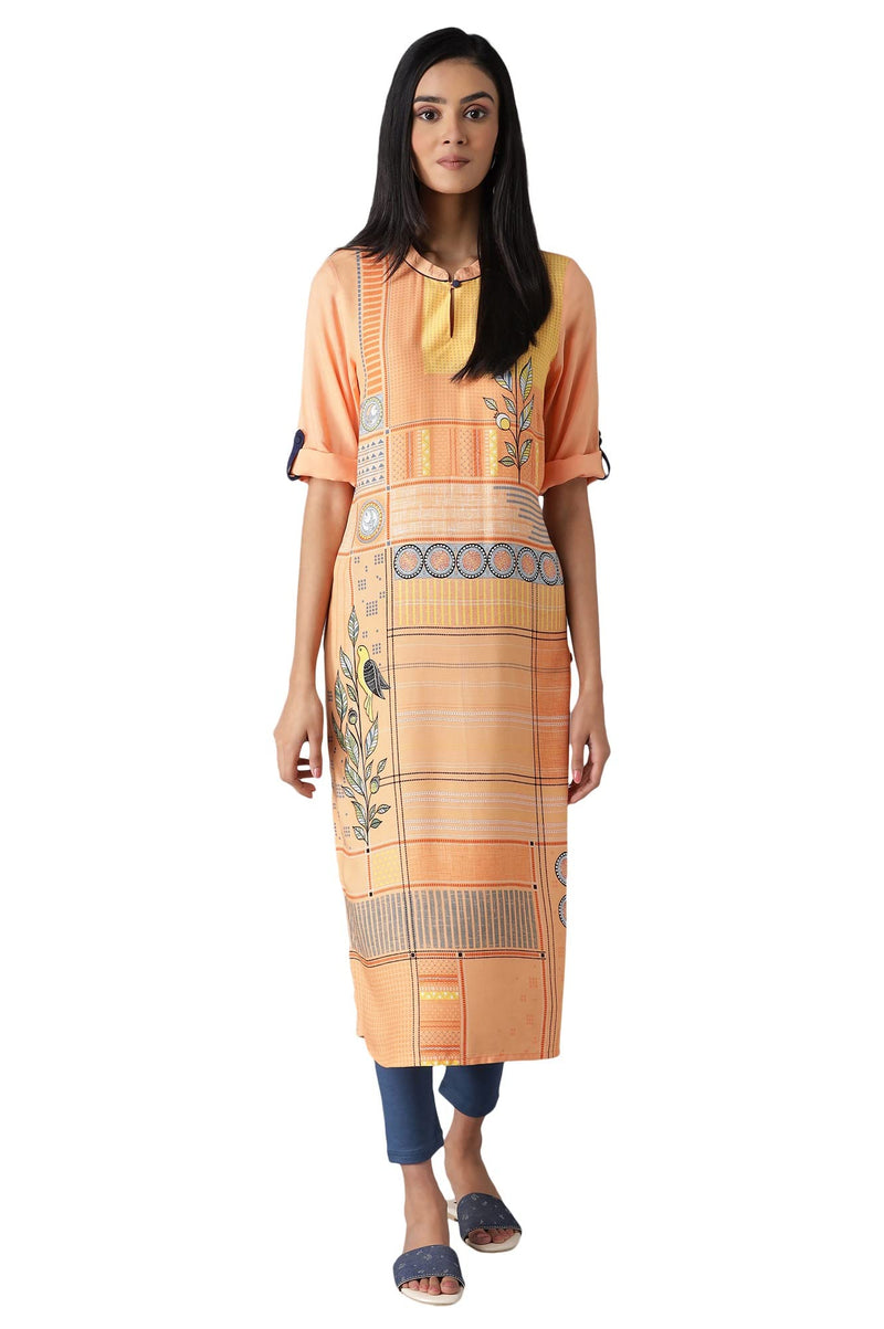 Aurelia Women's Viscose Geometric Regular Kurta (22FEA12941-503651_Apricot Wash_XS)