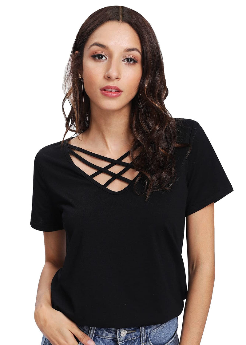 Fabricorn Women's Plain V Neck T-Shirt (Black, XX-Large)