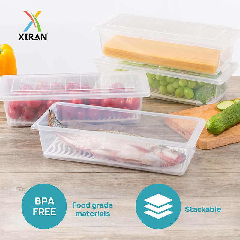 Xiran 6 Fridge Storage Boxes Fridge Organizer with Removable Drain Plate and Lid Stackable Fridge Storage Containers Plastic Freezer Storage Containers for Fish, Meat, Vegetables, Fruits(1500ML)