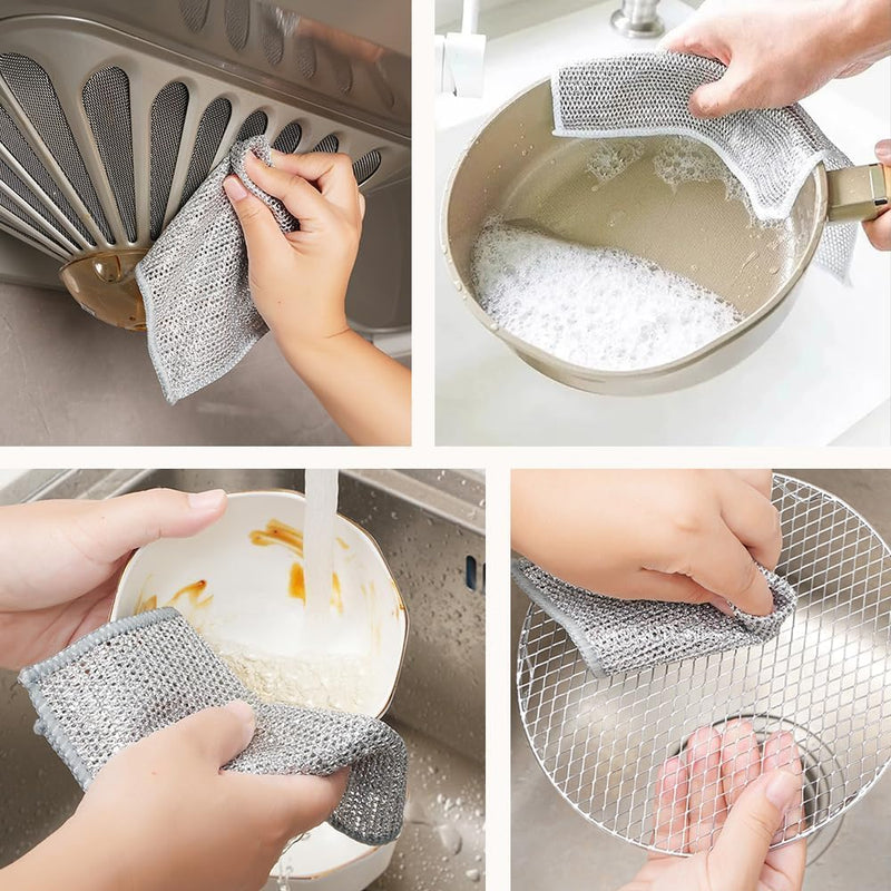 PRACHAND Multipurpose Wire Dishwashing Rags for Wet and Dry Stainless Steel Scrubber Non-Scratch Wire Dishcloth for Washing Dishes Sinks Counters Easy Rinsing Machine Washable Pack (5)