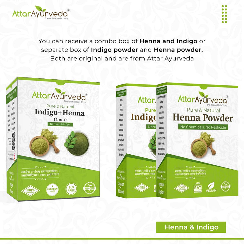 Attar Ayurveda Natural Dye for Black Hair (Henna Leaves powder, Indigo leaves powder combo pack) (200 grams + 200 grams = 400 grams total)