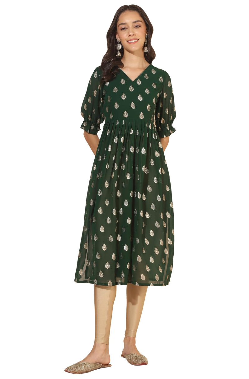 Janasya Women's Bottle Green Georgette Foil Printed Gathered Kurta(JNE4309-KR-XXL)