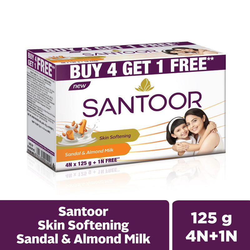 Santoor Sandal and Almond Milk Soap (Buy 4 Get 1 Free 125g each)