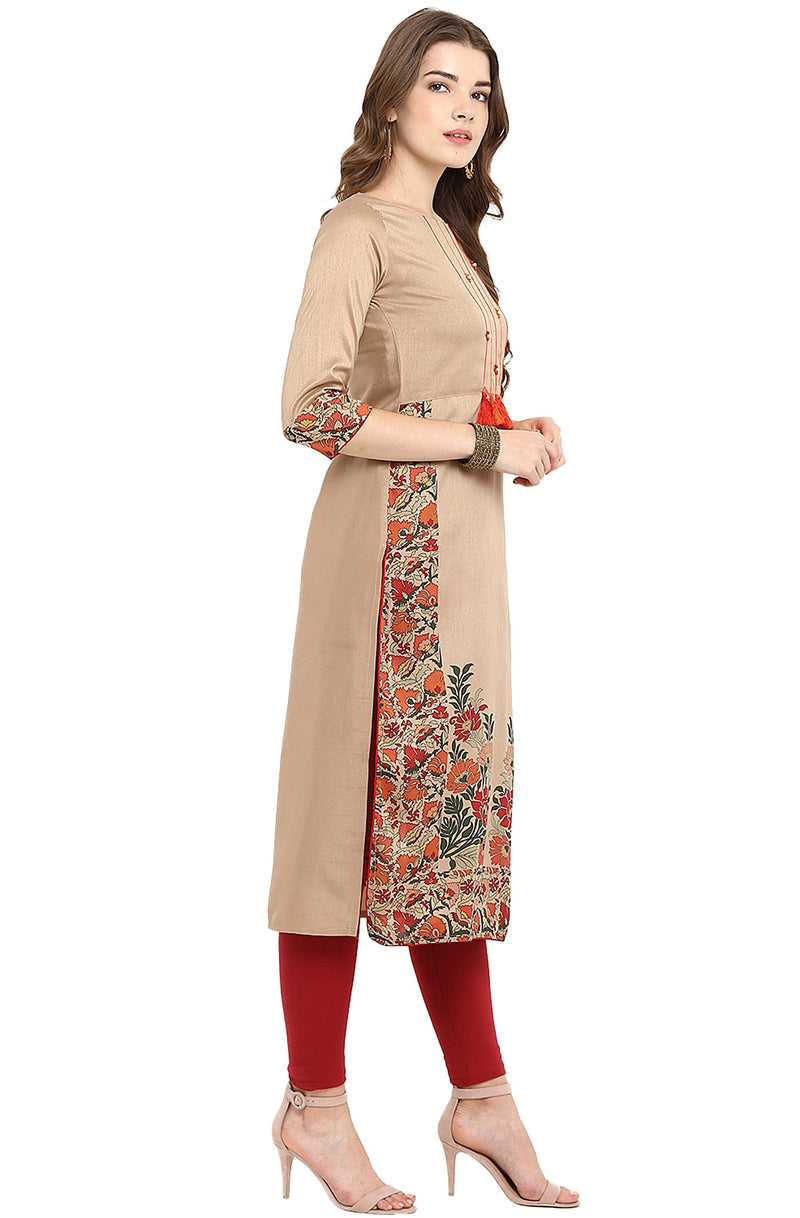 Janasya Women's Light Brown Poly Silk Floral Printed Straight Kurta(JNE2305-KR-Light Brown-J-L)