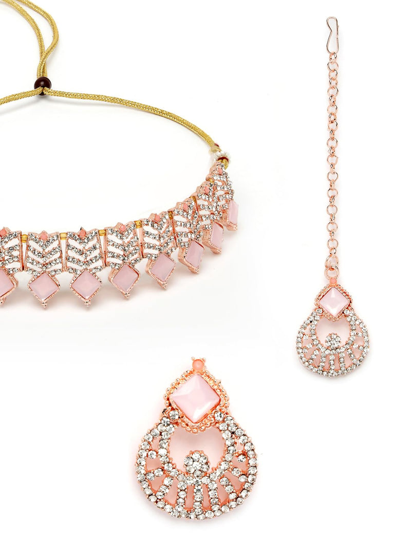 Sukkhi Seaside Rose Gold Plated Pink AD Stones & Beads Choker Necklace Set With Earring And Maangtika | Jewellery Set For Women (NS105560)