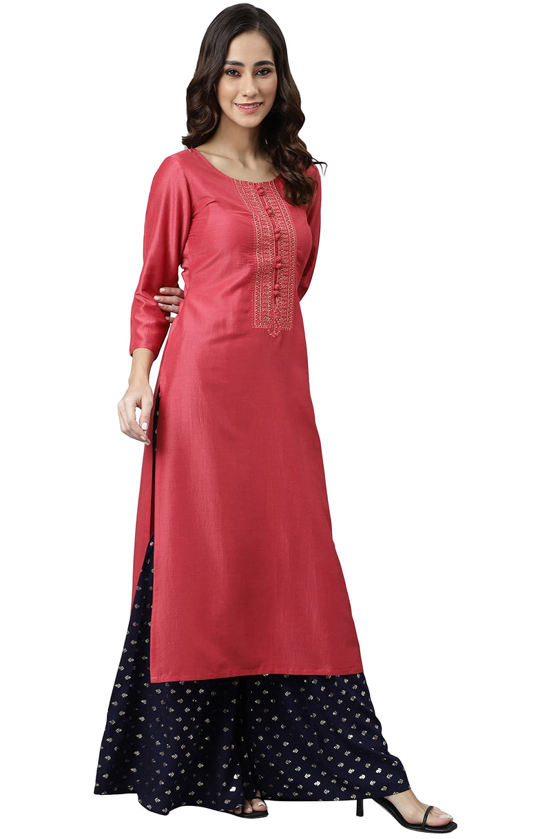 Janasya Women's Pink Poly Silk Embroidered Straight Kurta(JNE3982-KR-L)