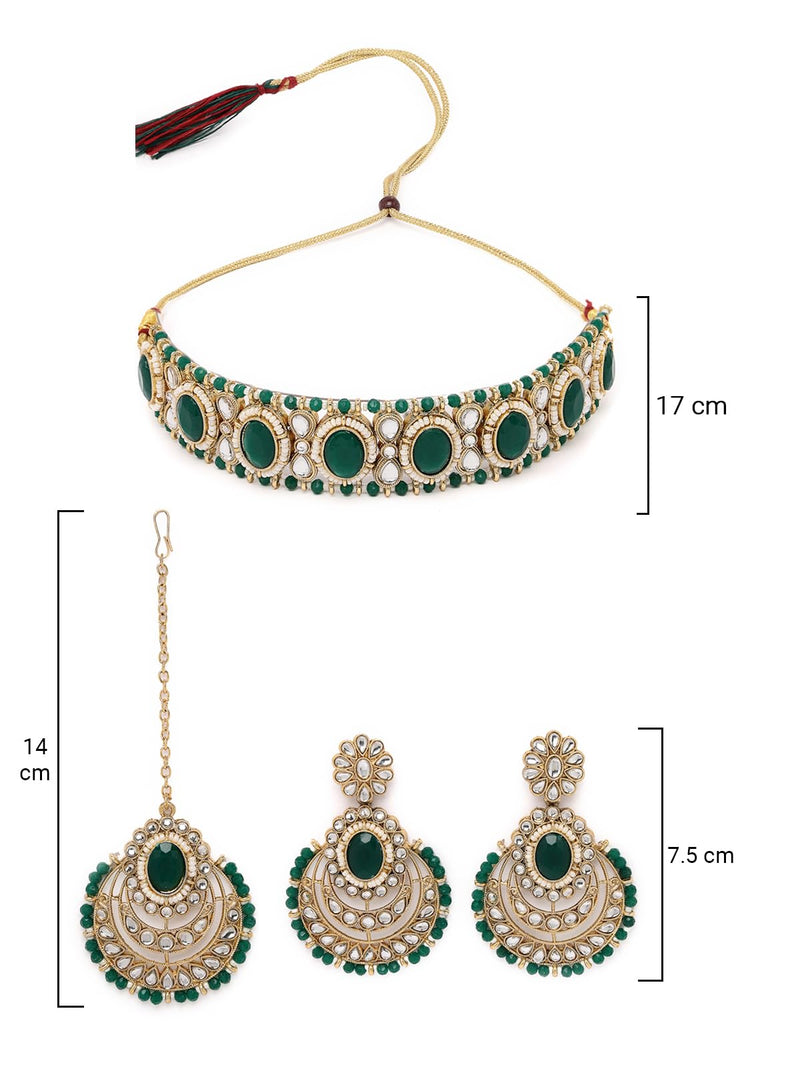 Sukkhi Indian Traditional Gold Plated Green Stone & Beads Choker Necklace Set With Earring And Maangtika | Jewellery Set For Women (NS105710)